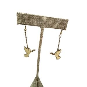 Gold Dove Olive Branch Drop Earrings Cream Enamel Bird Dangle Fishhook Jewelry